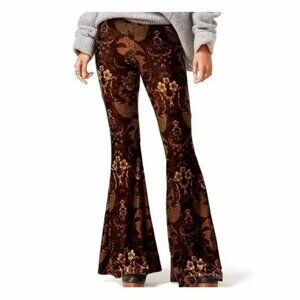 Free People Brown Velvet Flares Stretchy Boho 70s Maximal Festival Pattern Sz S